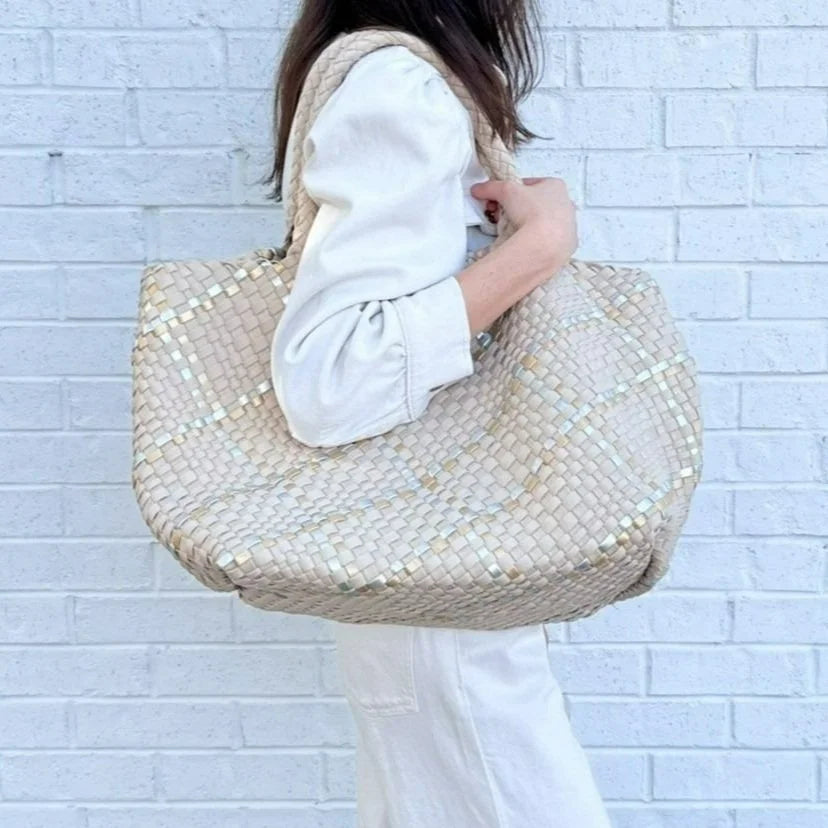 Oversized Woven Tote in Beige Metallic