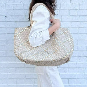 Oversized Woven Tote in Beige Metallic