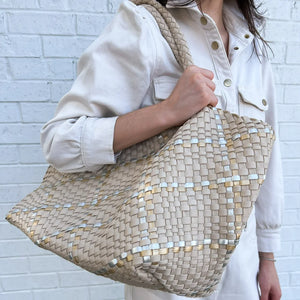 Oversized Woven Tote in Beige Metallic