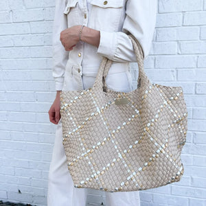 Oversized Woven Tote in Beige Metallic