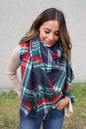 Navy and Green blanket Scarf